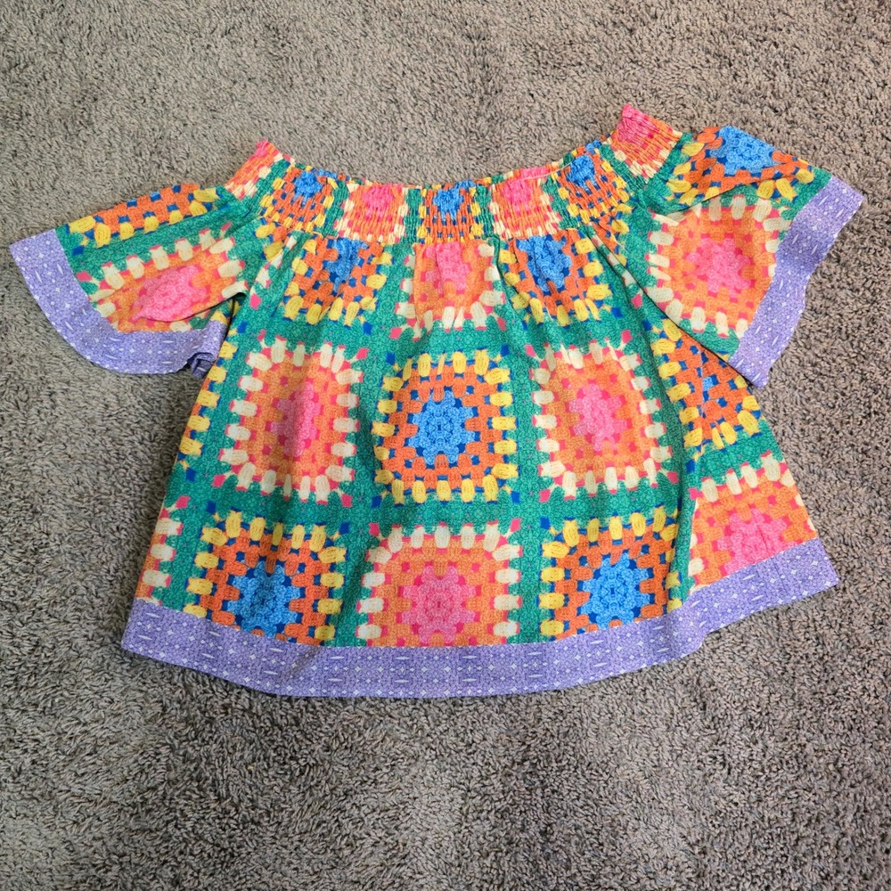 Flying Tomato Off Shoulder Granny Square Print Top IT11625 Multicolor Boho Small